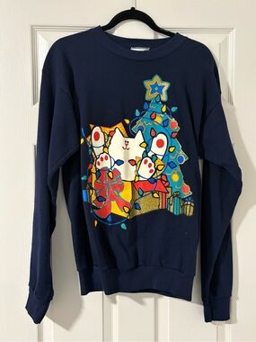 Vintage 1990s Y2K Christmas Cat Kitty Glitter Navy Blue Sweatshirt Size Large